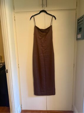 Brown Slip Midi Dress with Cowl Neck